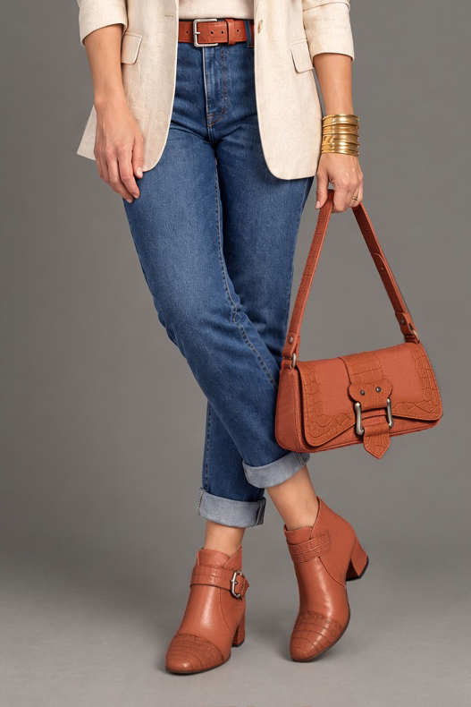Women's terracotta front-buckle ankle boots with round toe and low flared heel - Worn view